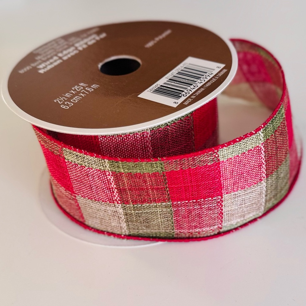 2.5” Wired Farmhouse Plaid Red Khaki Green Plaid Ribbon Spool